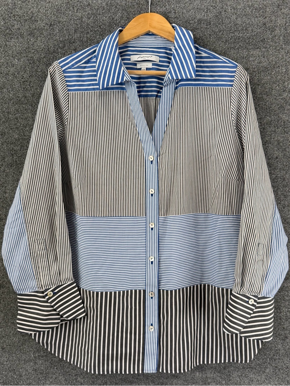 FOXCROFT Womens Mixed Stripe Button Up Top Size 14W Black Blue Office Career